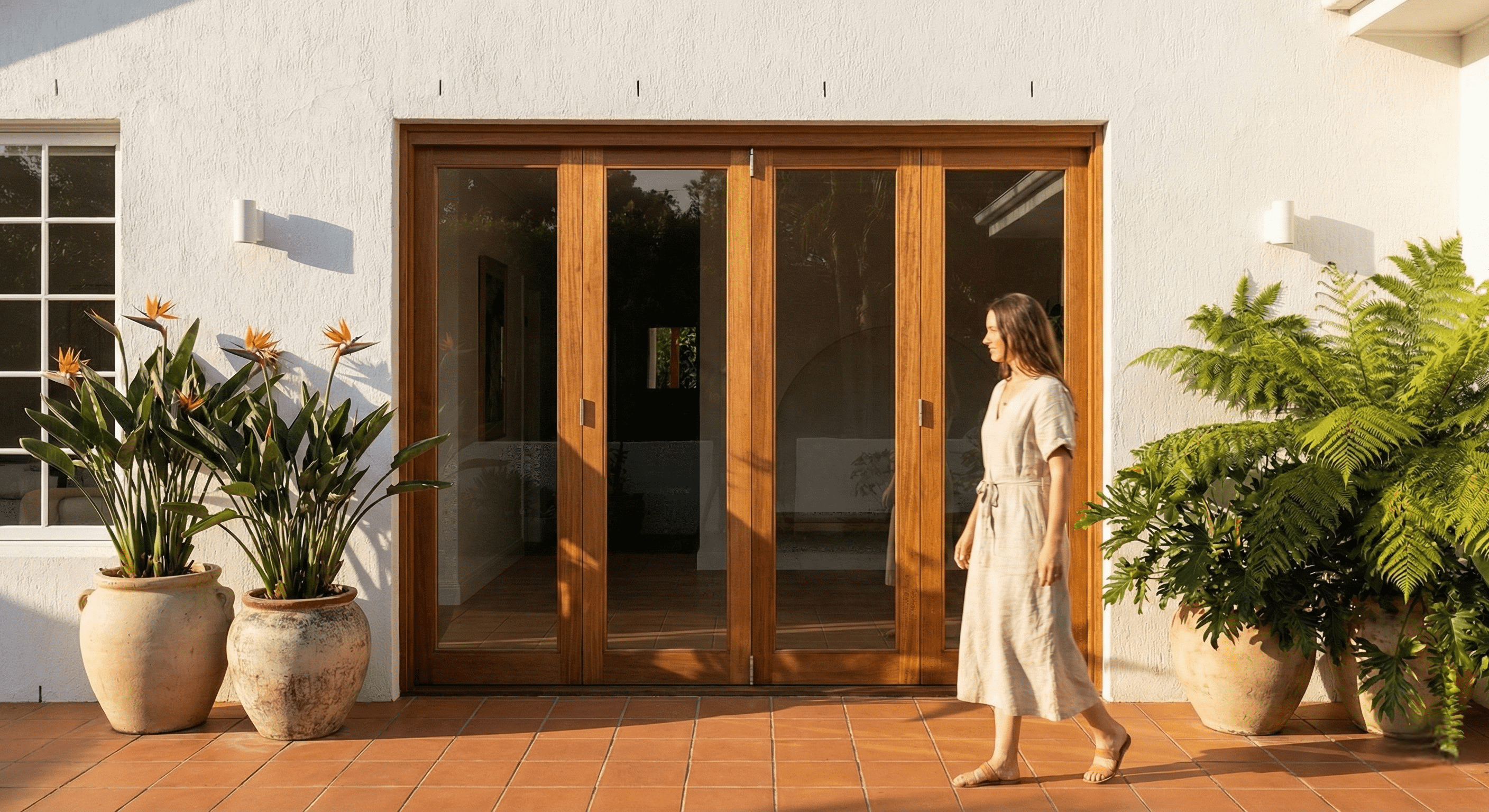 Hệ thống cửa kính khung gỗ xếp trượt 4 cánh lớn mở rộng, kết nối không gian trong nhà với sân hiên lát gạch đỏ. Hai bên là chậu cây hoa thiên điểu và dương xỉ lớn. Một người phụ nữ mặc váy đi ngang qua cửa trong ánh nắng ấm áp.