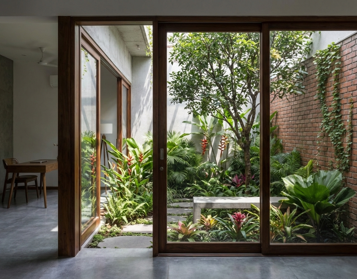 Góc nhìn từ không gian nội thất bê tông trần hiện đại ra khu vườn nhiệt đới xanh mát qua hệ cửa kính khung gỗ trượt lớn. Khu vườn có tường gạch trần, cây xanh phong phú, ghế băng bê tông và lối đi dạo đá.