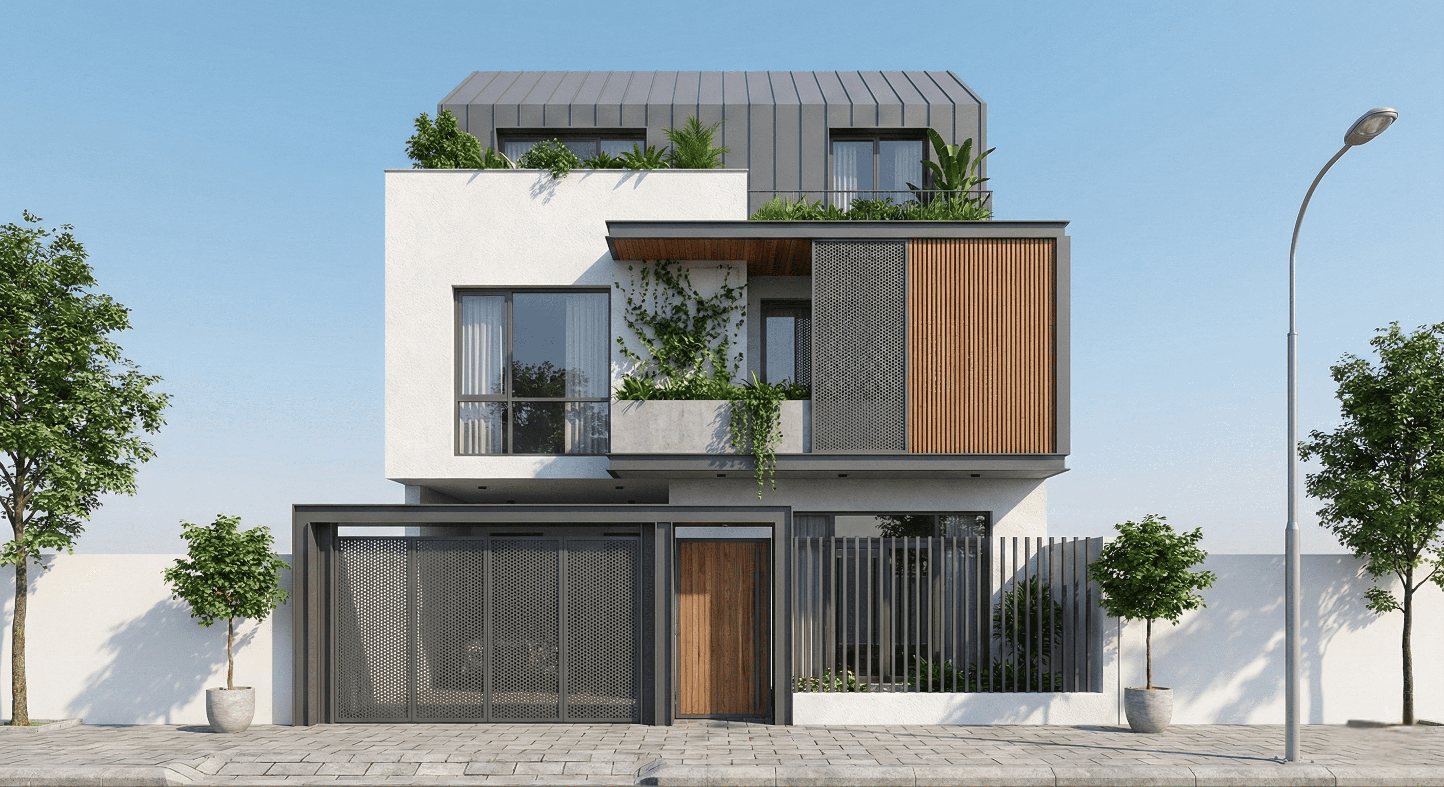 Phối cảnh mặt tiền nhà phố 3 tầng hiện đại với kiến trúc mái dốc và tông màu trắng - xám thanh lịch. Điểm nhấn là hệ lam gỗ chắn nắng ở tầng 2 kết hợp cùng ban công trồng nhiều cây xanh rủ bóng mát. Cổng chính thiết kế dạng lưới thép đục lỗ (mesh) màu xám, vừa thông thoáng vừa đảm bảo an ninh.
