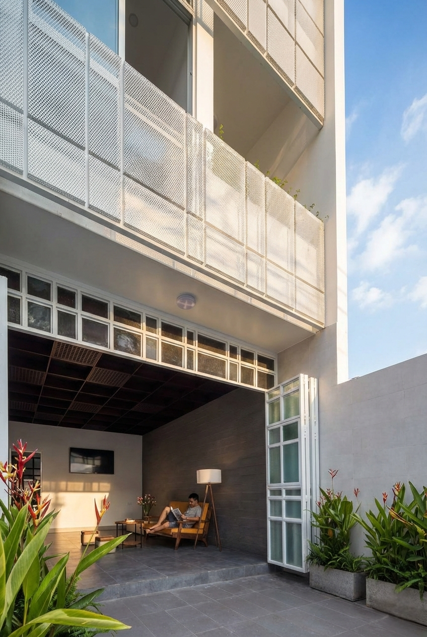 Không gian thư giãn thoáng đãng tại tầng trệt ngôi nhà phố 4x24m của giáo viên độc thân, nơi gia chủ đang ngồi đọc sách giữa không gian tràn ngập ánh sáng và cây xanh.