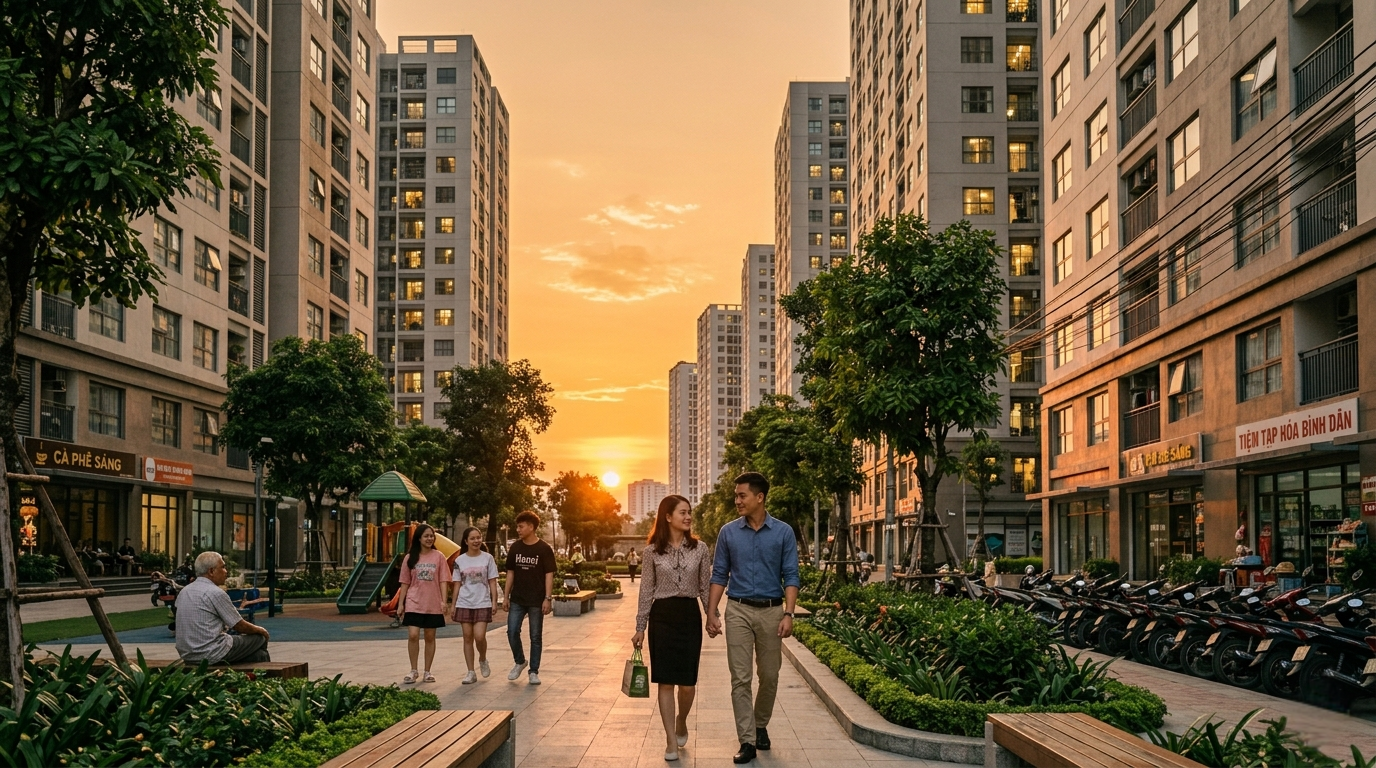 Modern apartment buildings in Vietnam during sunset, young Vietnamese residents walking near residential complex, affordable housing atmosphere, realistic real estate photography, cinematic lighting, editorial newspaper style, ultra detailed, 16:9