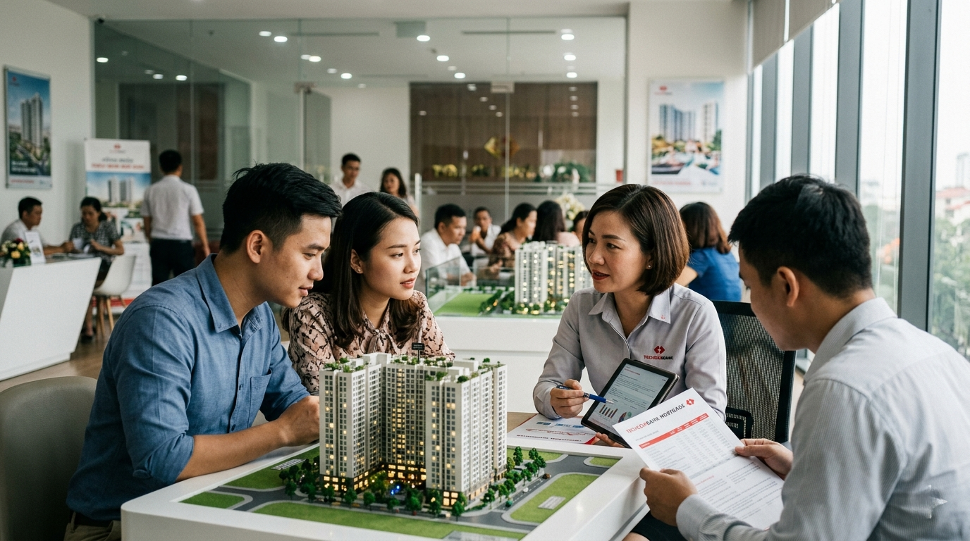 Người trẻ tìm hiểu gói vay mua nhà lãi suất thấp tại ngân hàng